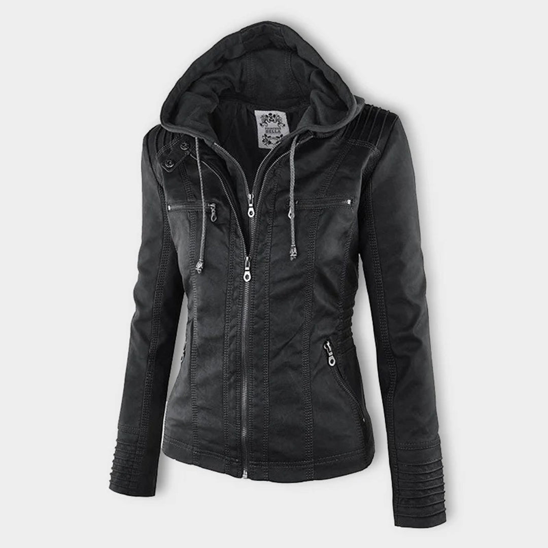 Lederjacke für Damen - Wetterfester Kunstleder Jacke mit Kapuze