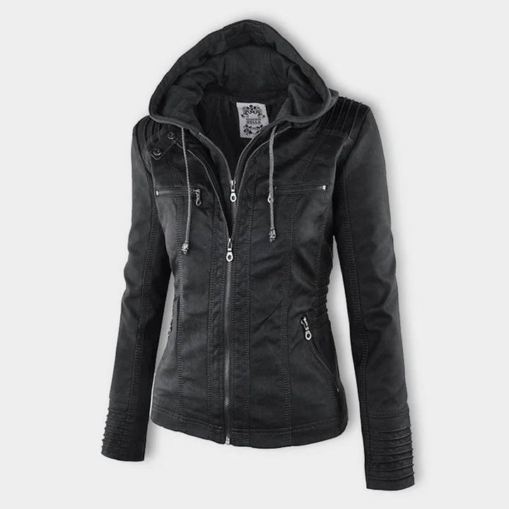 Lederjacke für Damen - Wetterfester Kunstleder Jacke mit Kapuze
