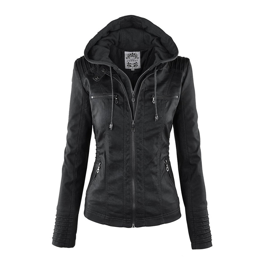 Kunstlederjacke für den Herbst - Wetterfeste Übergansjacke mit Kapuze für Damen