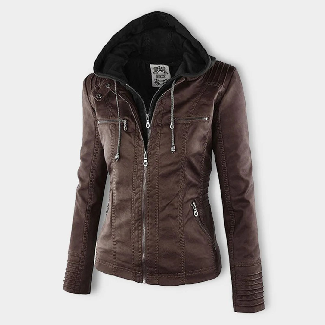 Lederjacke für Damen - Wetterfester Kunstleder Jacke mit Kapuze