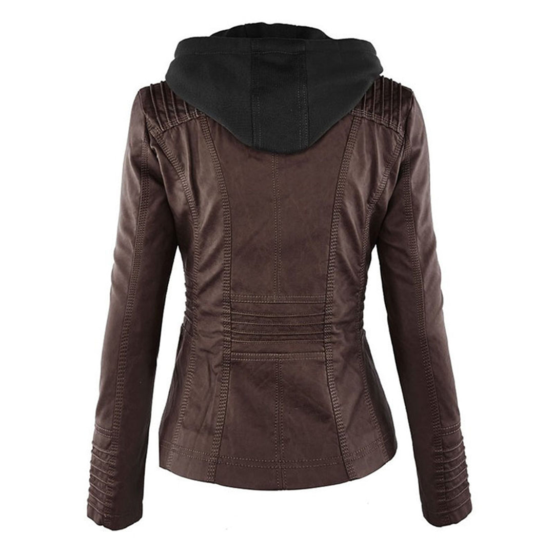 Lederjacke für Damen - Wetterfester Kunstleder Jacke mit Kapuze