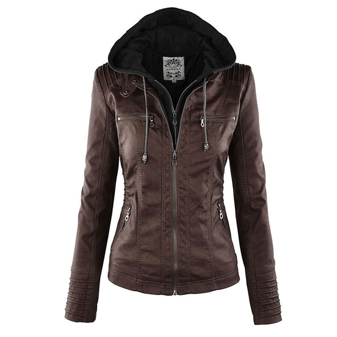 Kunstlederjacke für den Herbst - Wetterfeste Übergansjacke mit Kapuze für Damen