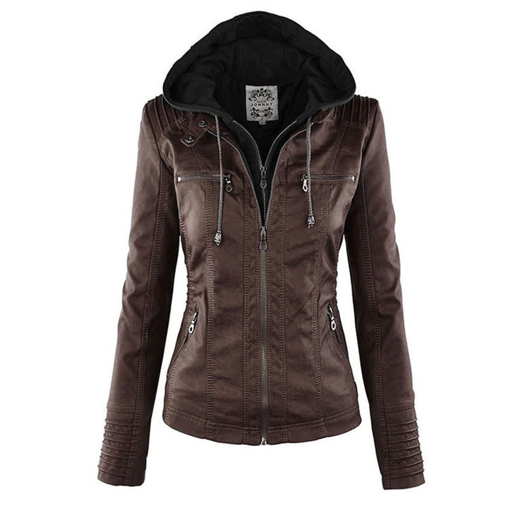 Kunstlederjacke für den Herbst - Wetterfeste Übergansjacke mit Kapuze für Damen