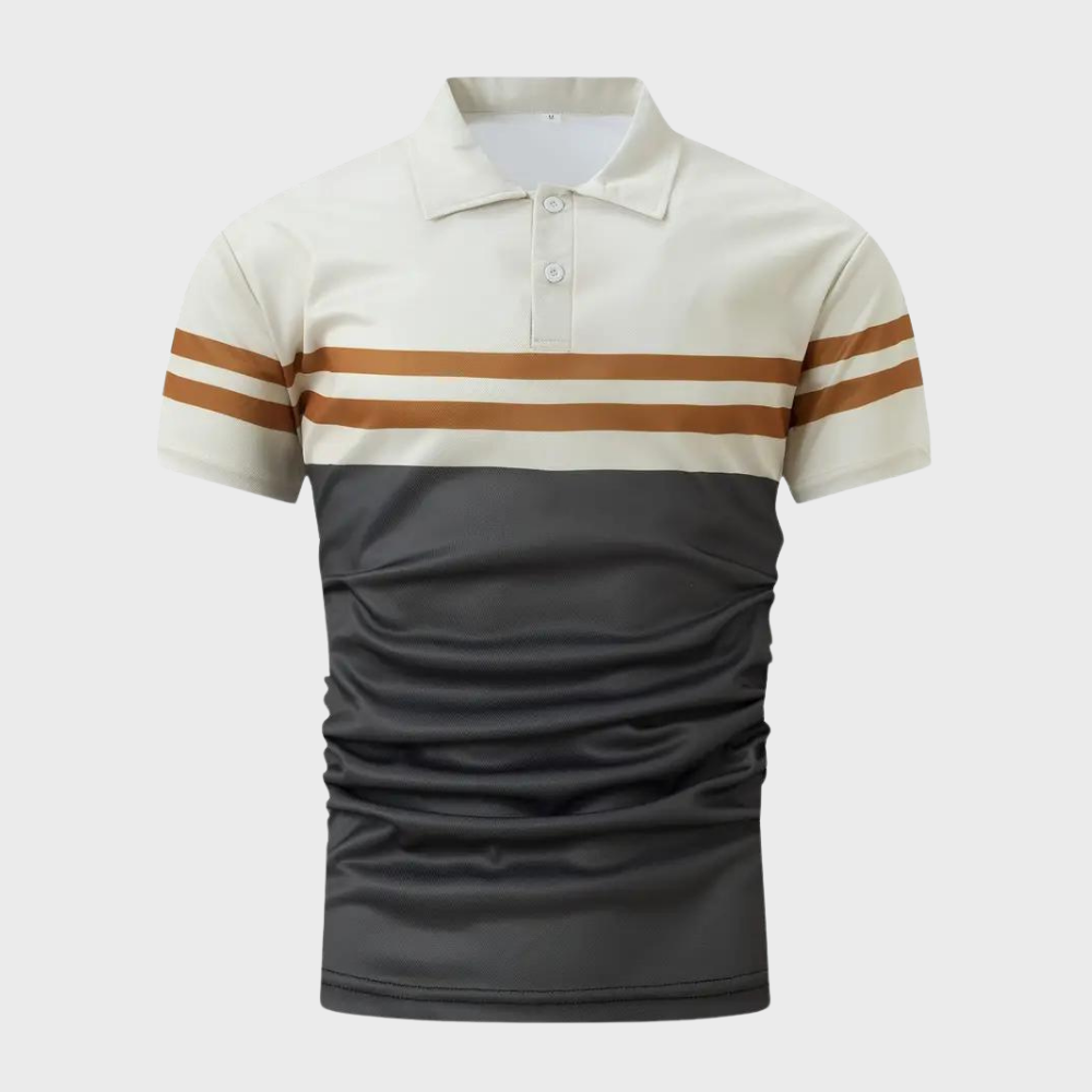 Kurzarm-Poloshirt für Herren, zweifarbig mit braunen Streifen, klassischer Kragen, modisches Design, ideal für Freizeit und Sport.