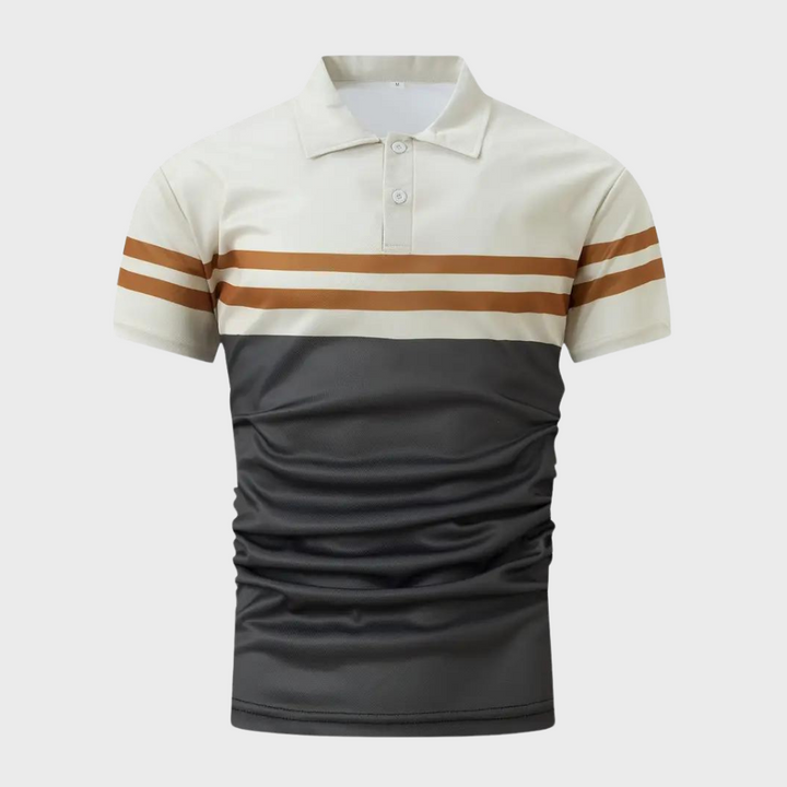 Kurzarm-Poloshirt für Herren, zweifarbig mit braunen Streifen, klassischer Kragen, modisches Design, ideal für Freizeit und Sport.