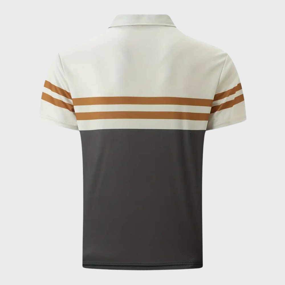 Herren-Poloshirt Rückansicht, cremefarben mit braunen Streifen, dunkelgrauer unterer Bereich. Modisches Design, kurzärmelig, klassischer Kragen.
