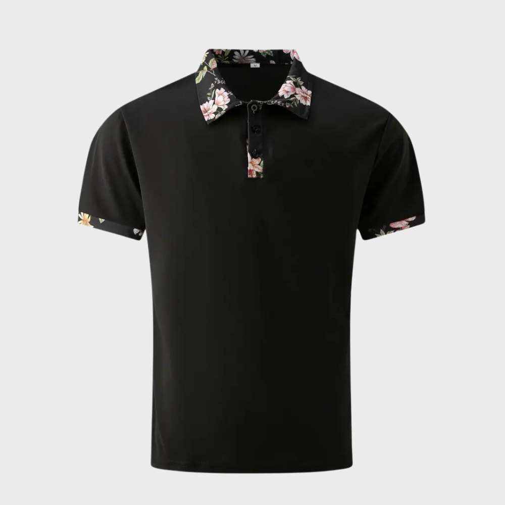 Schwarzes Polohemd mit floralen Akzenten am Kragen und Ärmelbündchen, stilvolles Herrenoberteil, modisches Design, ideal für Freizeitkleidung.