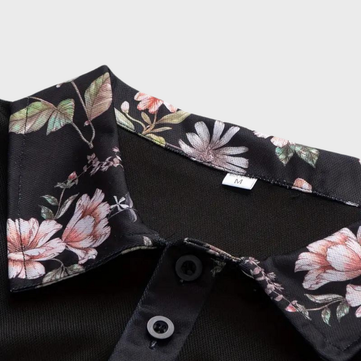 Schwarzes Hemd mit Blumenmuster, Nahaufnahme des Kragens und Knopfleiste, Größe M. Elegantes Design, ideal für modische Anlässe.