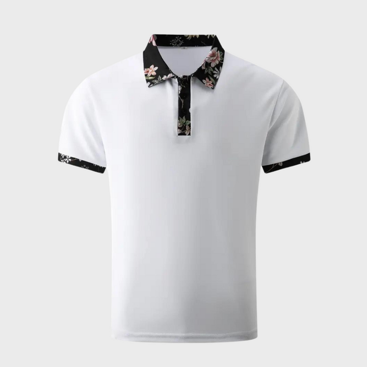 Weißes Polohemd mit schwarzem Kragen und floralen Mustern, Kurzarm, elegantes Design, ideal für Freizeit und Büro, Herrenmode.