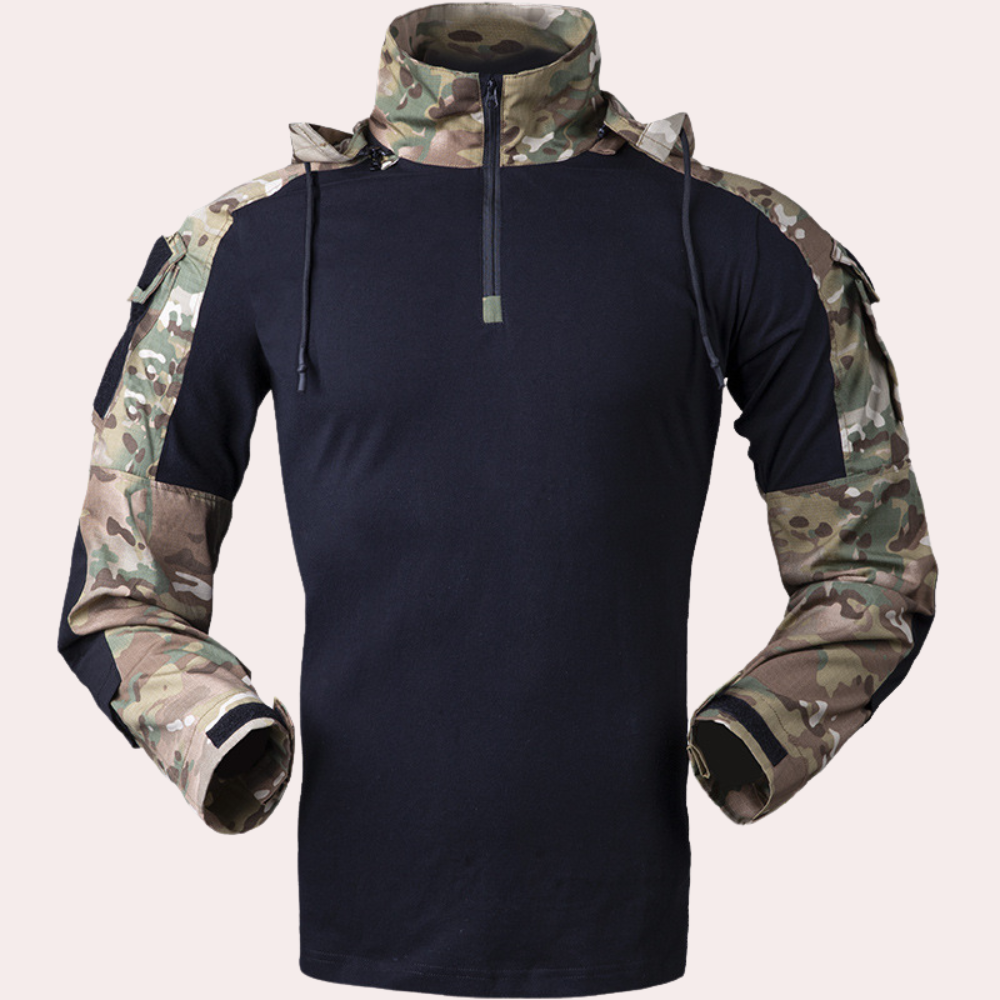 Taktisches Langarmshirt mit Tarnmuster, Reißverschluss und Stehkragen. Ideal für Outdoor-Aktivitäten, Militär und Airsoft. Robustes Design.