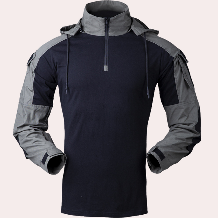 Schwarzes taktisches Langarmshirt mit grauen Ärmeln und Reißverschluss, ideal für Outdoor-Aktivitäten, Militärbekleidung, robuste Funktionskleidung.