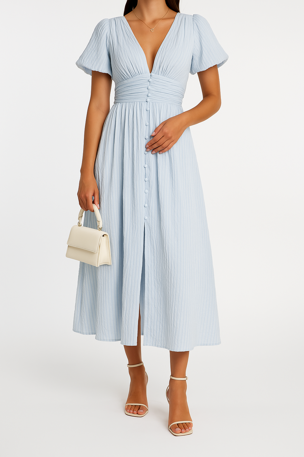 Frau in hellblauem Sommerkleid mit V-Ausschnitt, Knopfleiste und Puffärmeln, hält weiße Handtasche, trägt Sandalen. Elegante Damenmode.