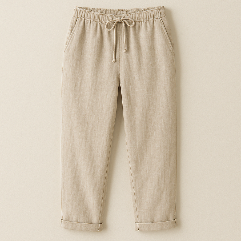 Beige Leinenhose mit elastischem Bund und Kordelzug, lässiger Stil, ideal für Sommermode. Perfekt für Herren und Damen, bequem und atmungsaktiv.