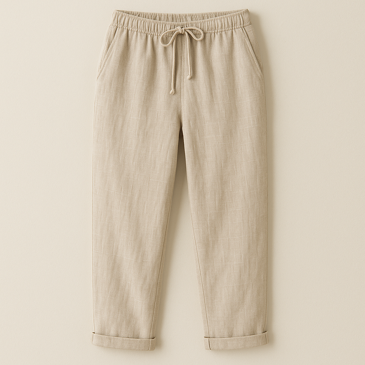 Beige Leinenhose mit elastischem Bund und Kordelzug, lässiger Stil, ideal für Sommermode. Perfekt für Herren und Damen, bequem und atmungsaktiv.
