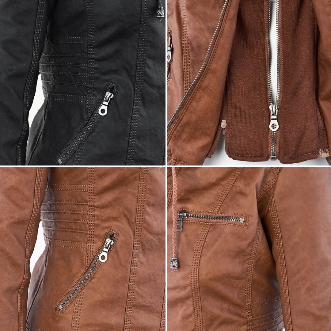 Lederjacke für Damen - Wetterfester Kunstleder Jacke mit Kapuze