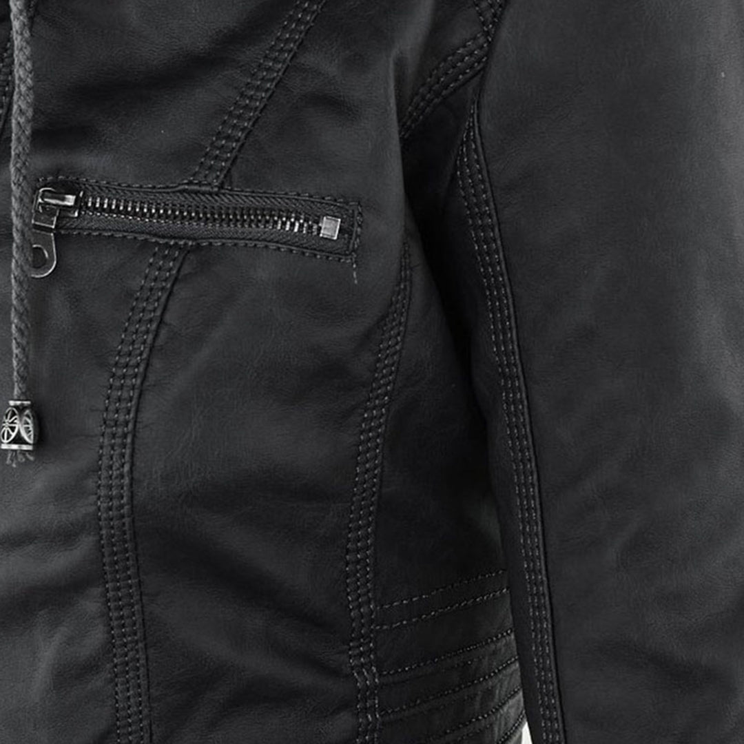Lederjacke für Damen - Wetterfester Kunstleder Jacke mit Kapuze