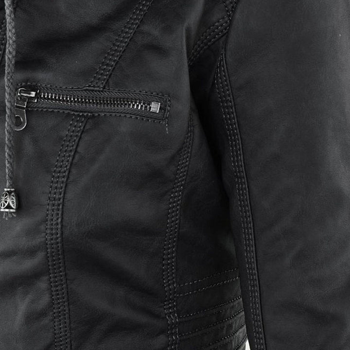 Lederjacke für Damen - Wetterfester Kunstleder Jacke mit Kapuze