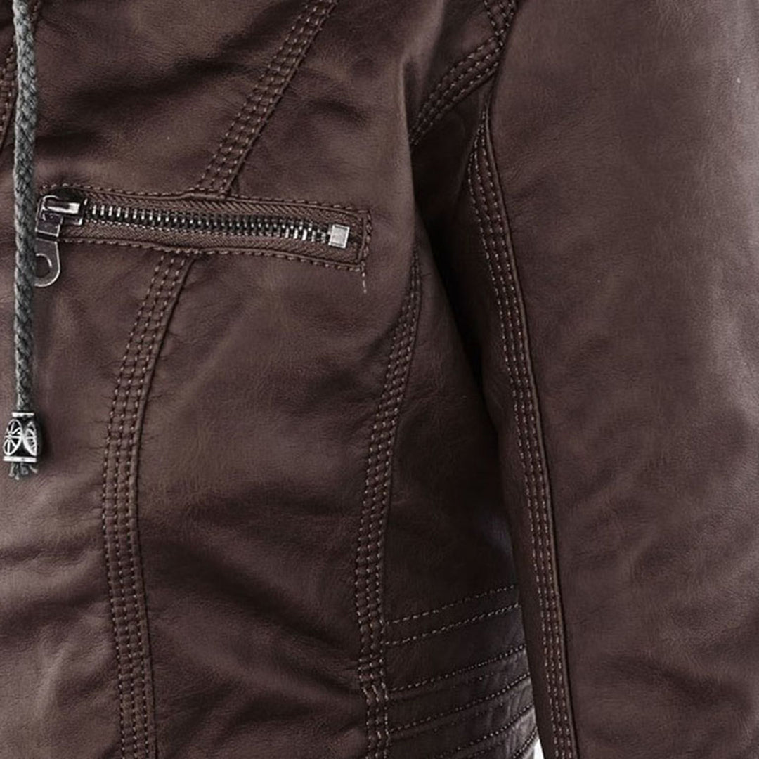 Lederjacke für Damen - Wetterfester Kunstleder Jacke mit Kapuze