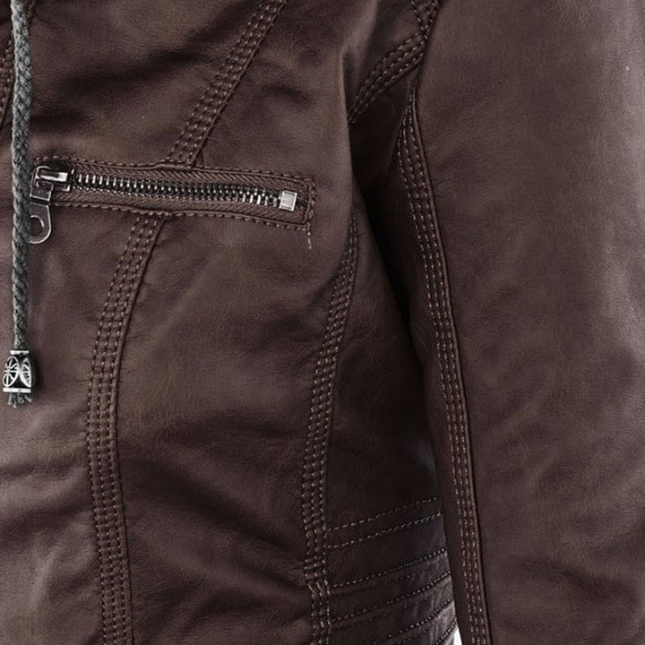 Lederjacke für Damen - Wetterfester Kunstleder Jacke mit Kapuze