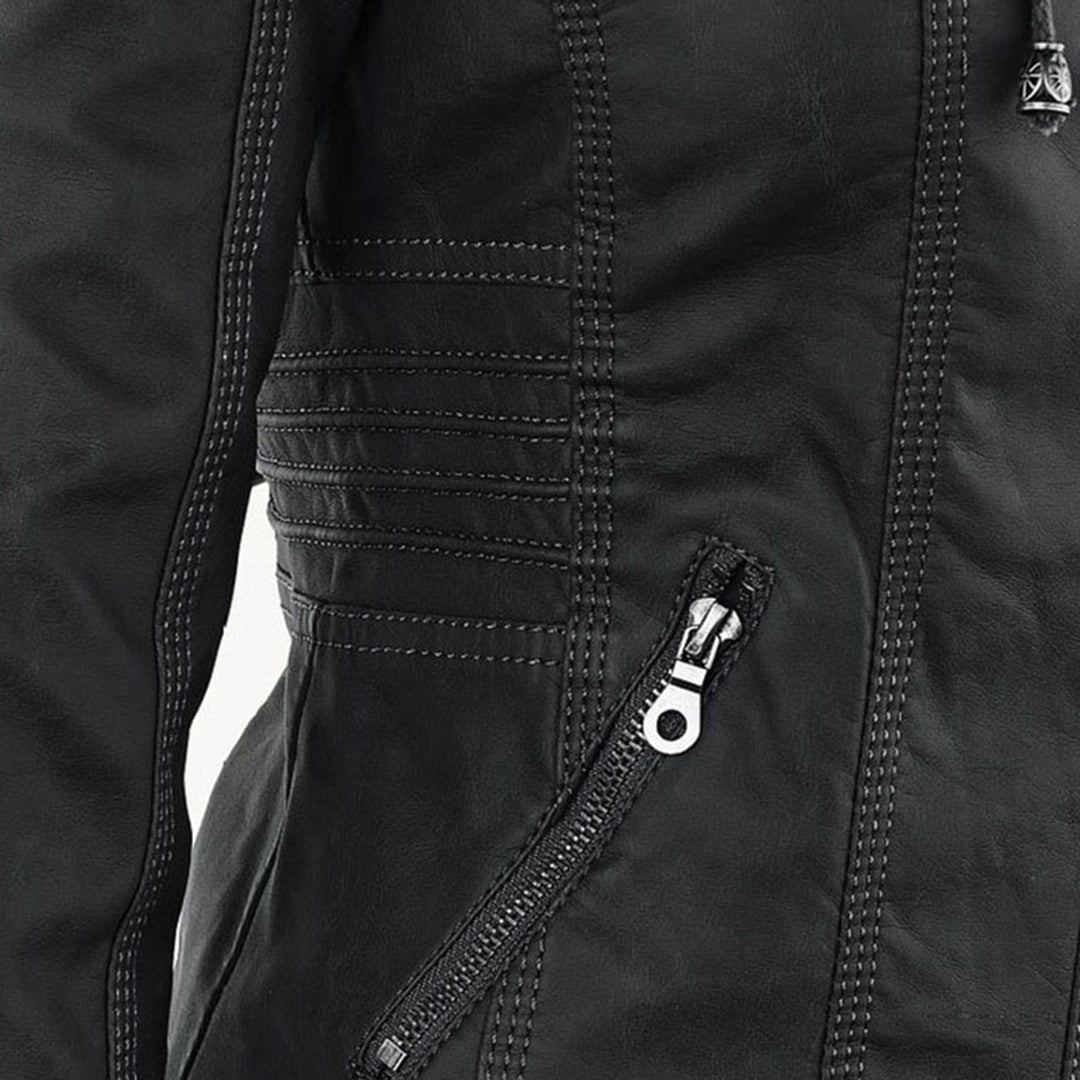 Lederjacke für Damen - Wetterfester Kunstleder Jacke mit Kapuze