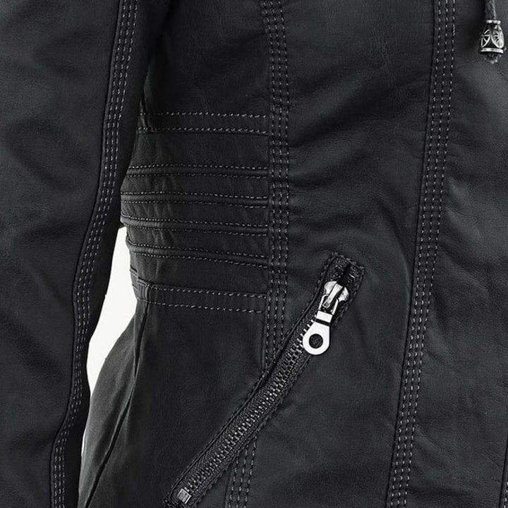 Lederjacke für Damen - Wetterfester Kunstleder Jacke mit Kapuze