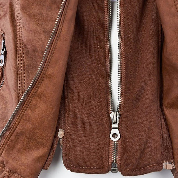 Lederjacke für Damen - Wetterfester Kunstleder Jacke mit Kapuze