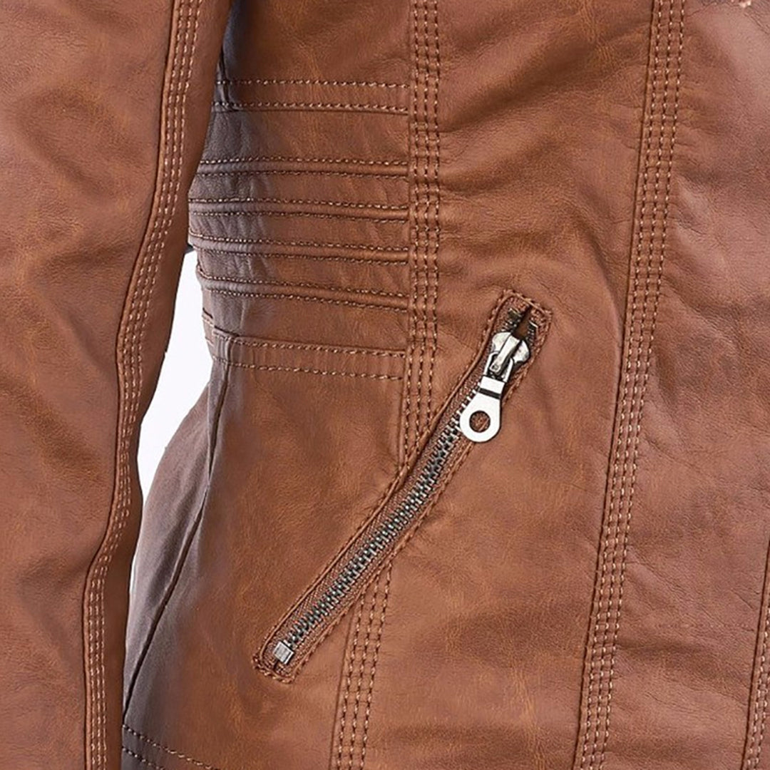 Lederjacke für Damen - Wetterfester Kunstleder Jacke mit Kapuze