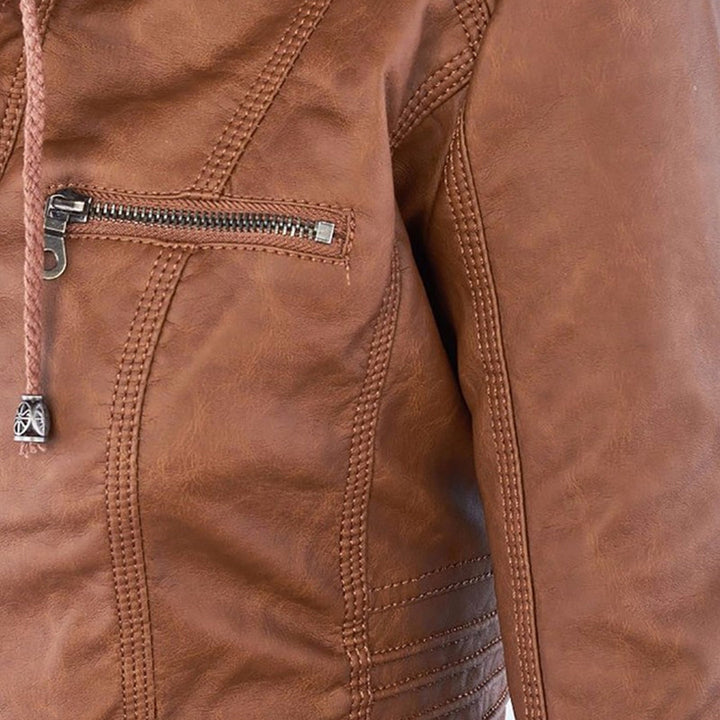Lederjacke für Damen - Wetterfester Kunstleder Jacke mit Kapuze