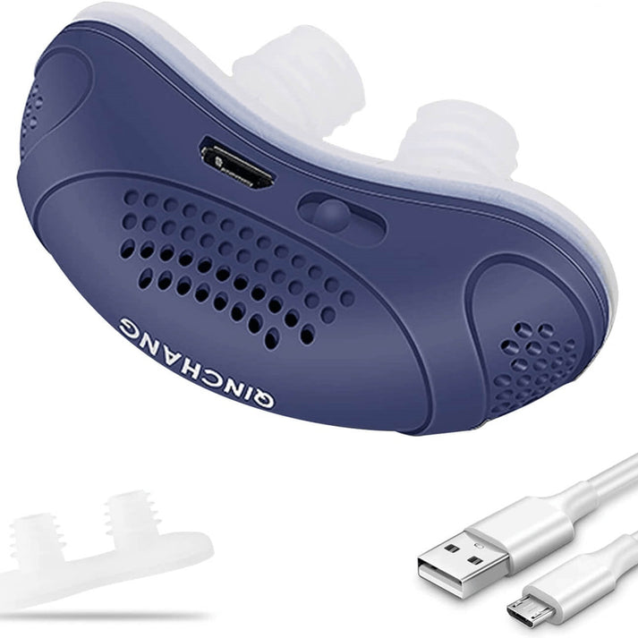 Blaues Anti-Schnarch-Gerät mit USB-Ladeanschluss, ergonomisches Design, inklusive USB-Kabel, verbessert Schlafqualität, reduziert Schnarchen.