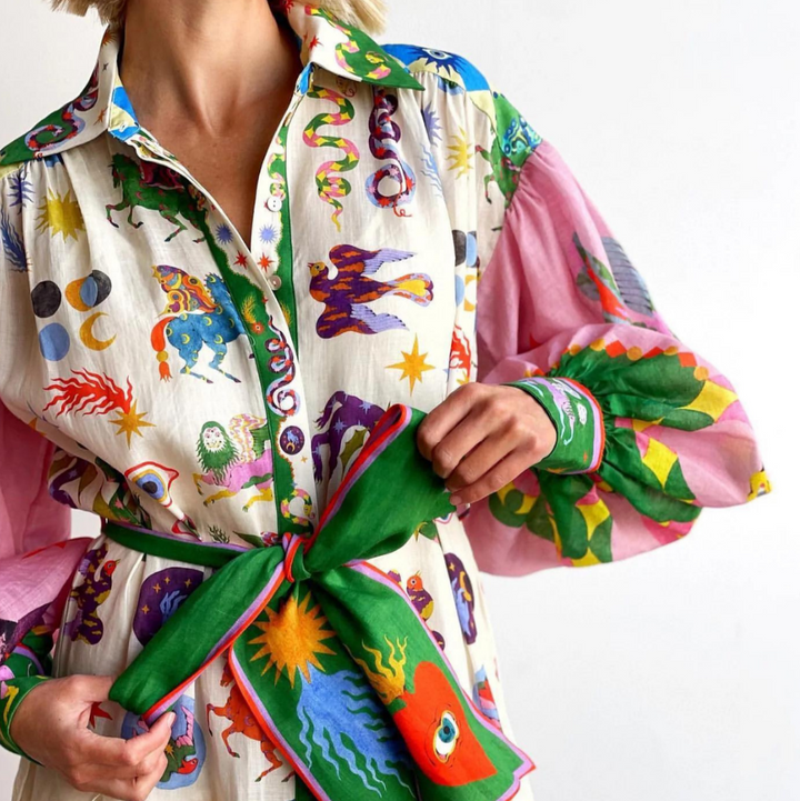 Gürtel von Maxikleid für Damen aus luftiger italienischer Baumwolle mit buntem Muster