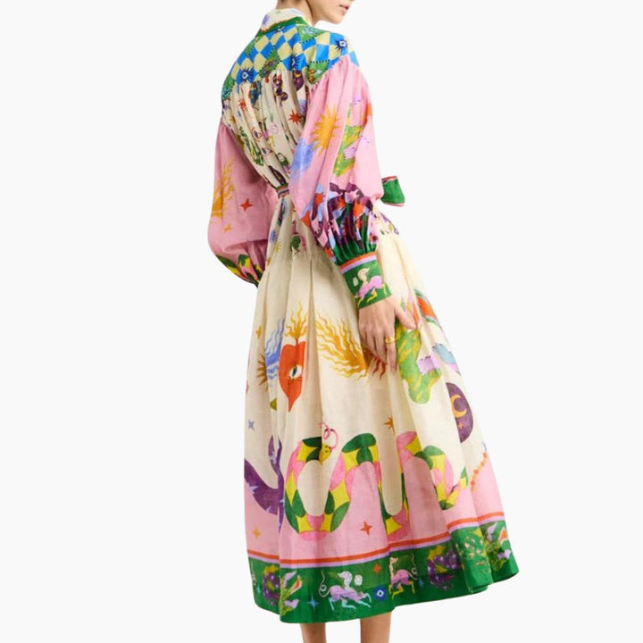 Rückseite Festliches Sommerkleid für Damen aus luftiger italienischer Baumwolle mit buntem Muster