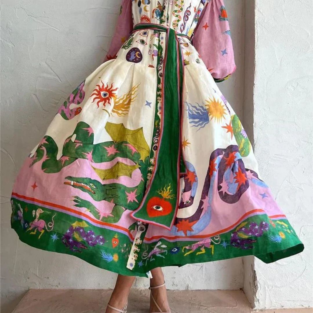 Langes Maxikleid für Damen aus luftiger italienischer Baumwolle mit buntem Muster