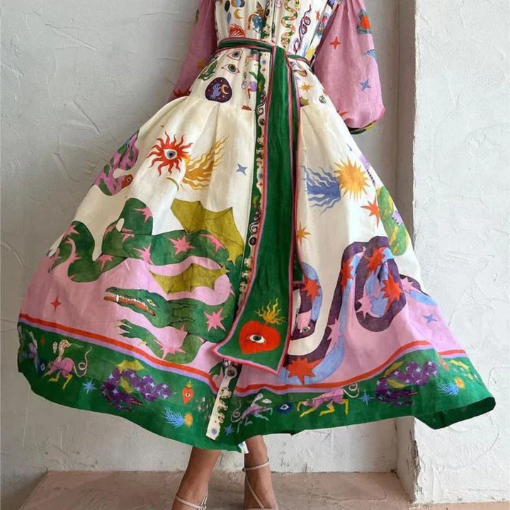 Langes Maxikleid für Damen aus luftiger italienischer Baumwolle mit buntem Muster