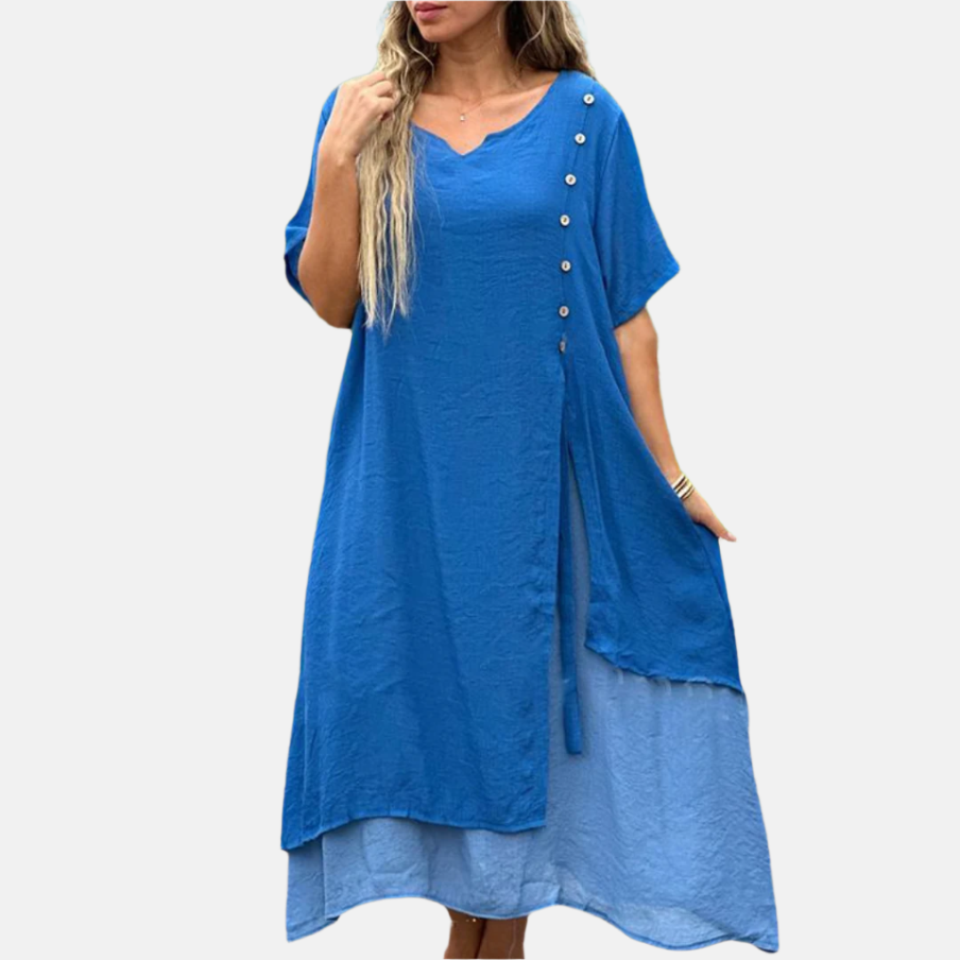 Damen Sommerkleid Aus Leinen - Leichtes Blumenkleid Mit Langarm & Taschen