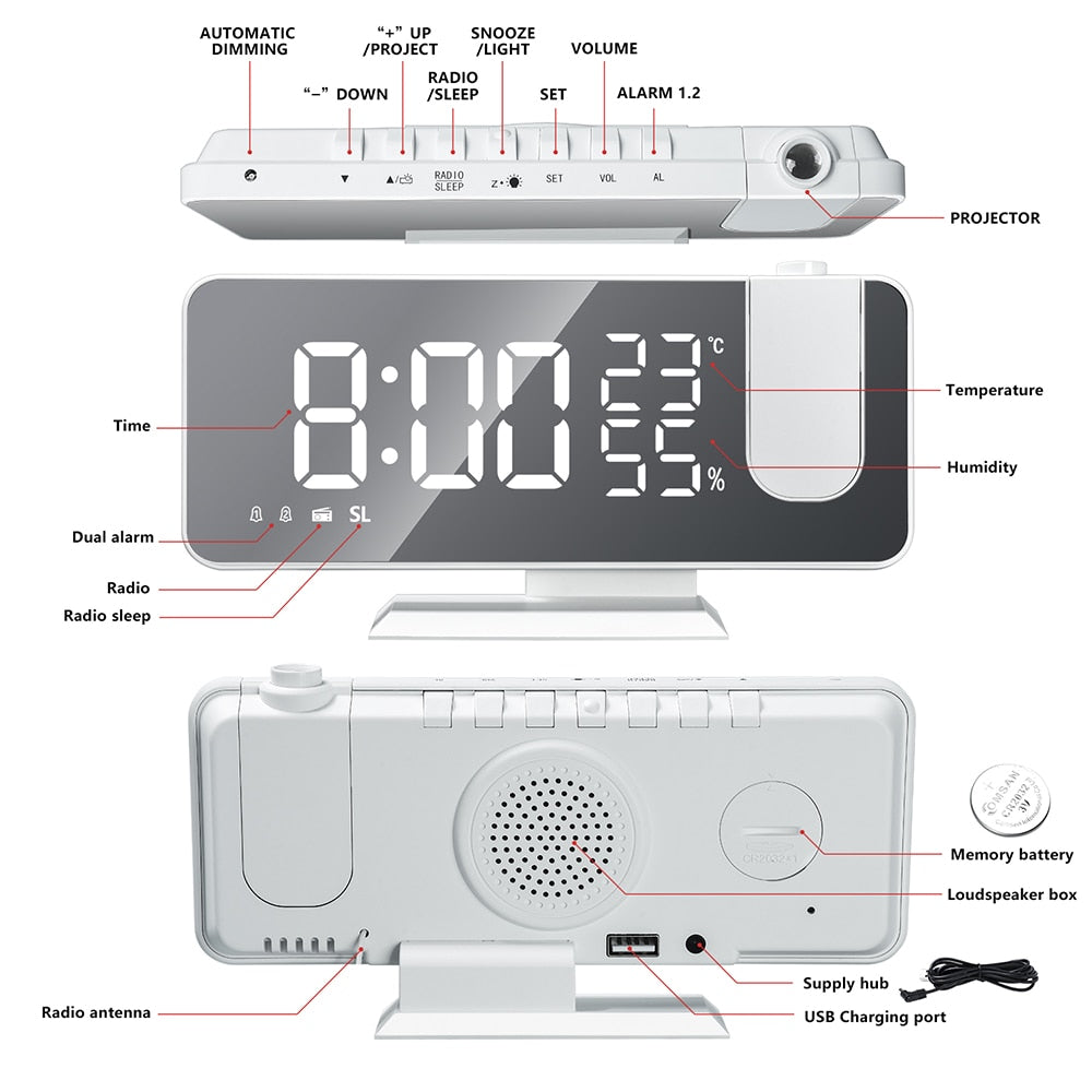Digitaler Wecker LED Projektor Radio USB - Projektionswecker Temperatur Luftfeuchtigkeit Herbst