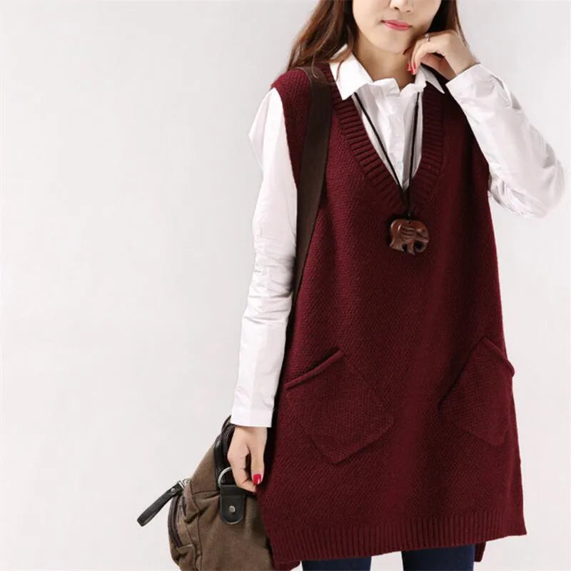 Pullunder für den Herbst - Knielange Strickpullover mit V-Ausschnitt für Damen