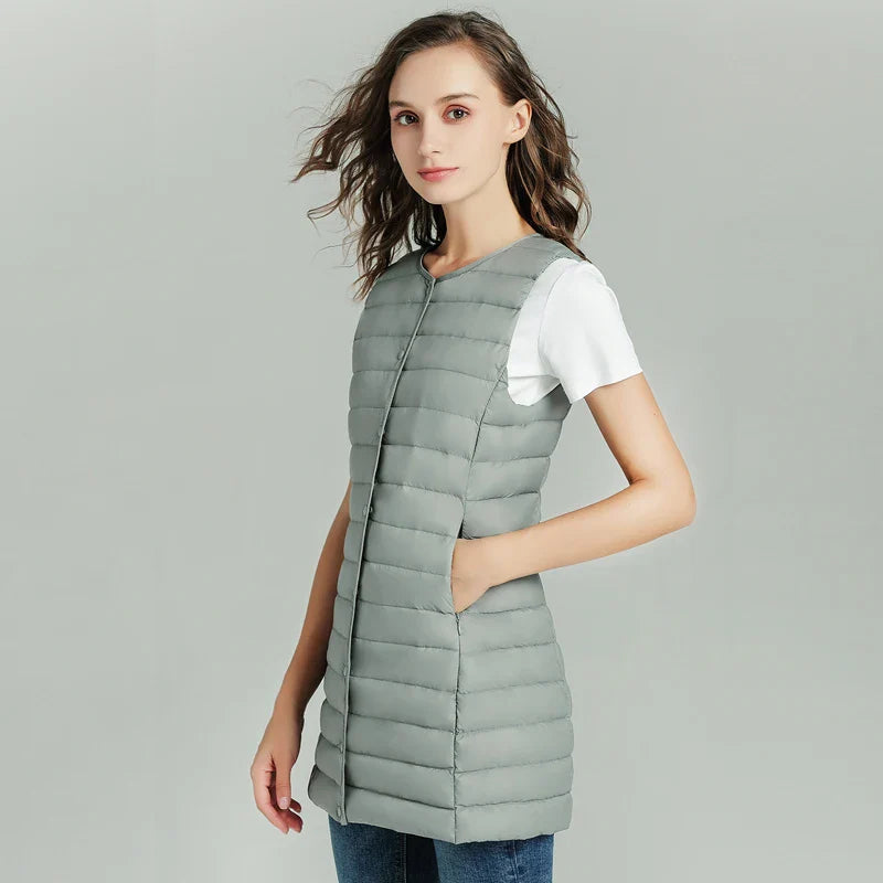 Lange Steppweste für den Herbst - Leichte Daunenweste für Damen