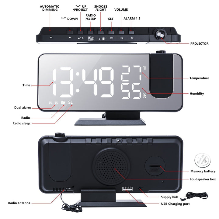Digitaler Wecker LED Projektor Radio USB - Projektionswecker Temperatur Luftfeuchtigkeit Herbst