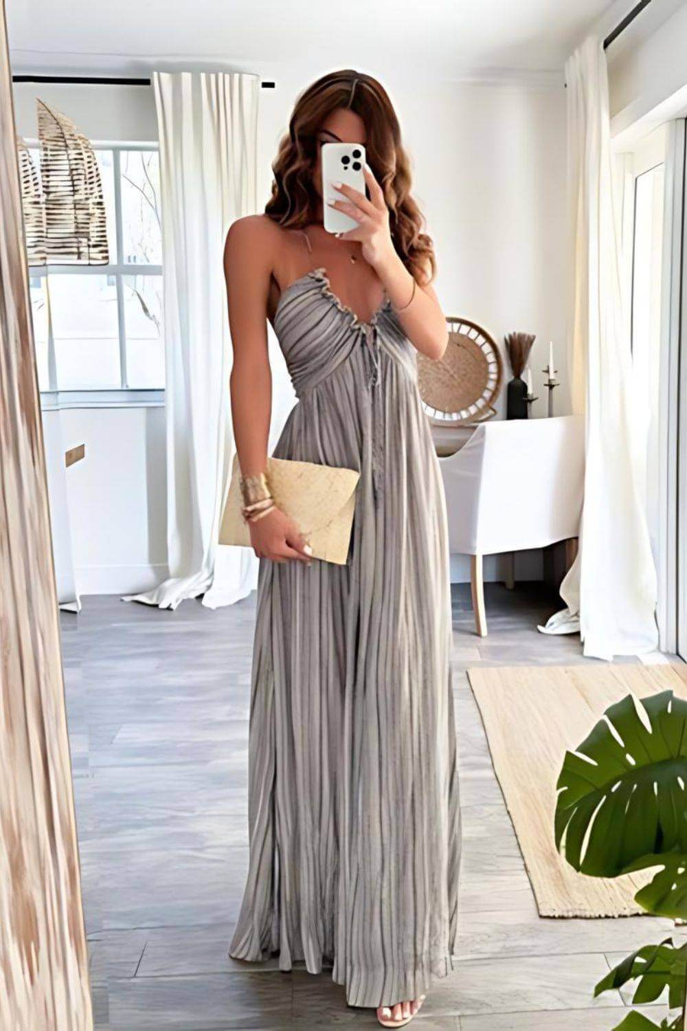 Sommerkleid für Damen - Elegantes Plissee-Maxikleid mit Spaghettiträgern