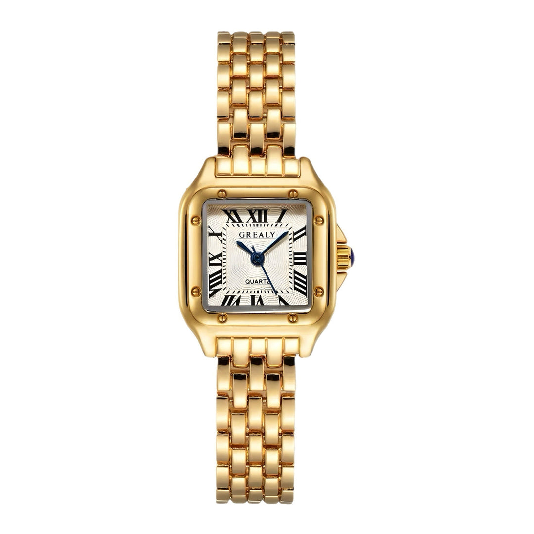 Goldene Damenuhr mit rechteckigem Gehäuse, römischen Ziffern und Gliederarmband. Luxuriöse Quarzuhr, elegantes Design, zeitloser Stil.