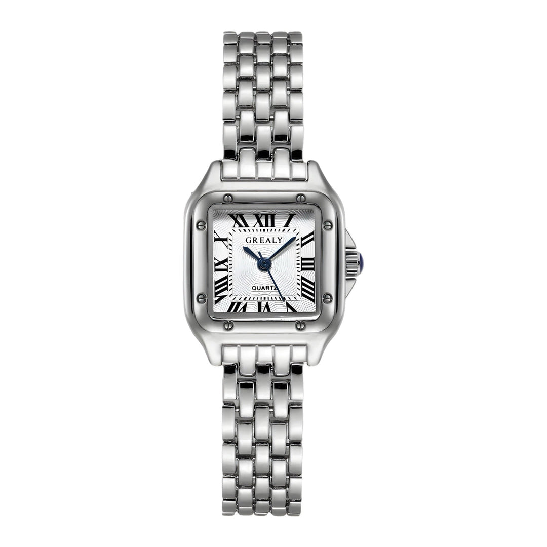 Silberne Damenarmbanduhr mit römischen Ziffern, rechteckigem Zifferblatt und Gliederarmband. Elegante Quarzuhr, stilvolles Accessoire.