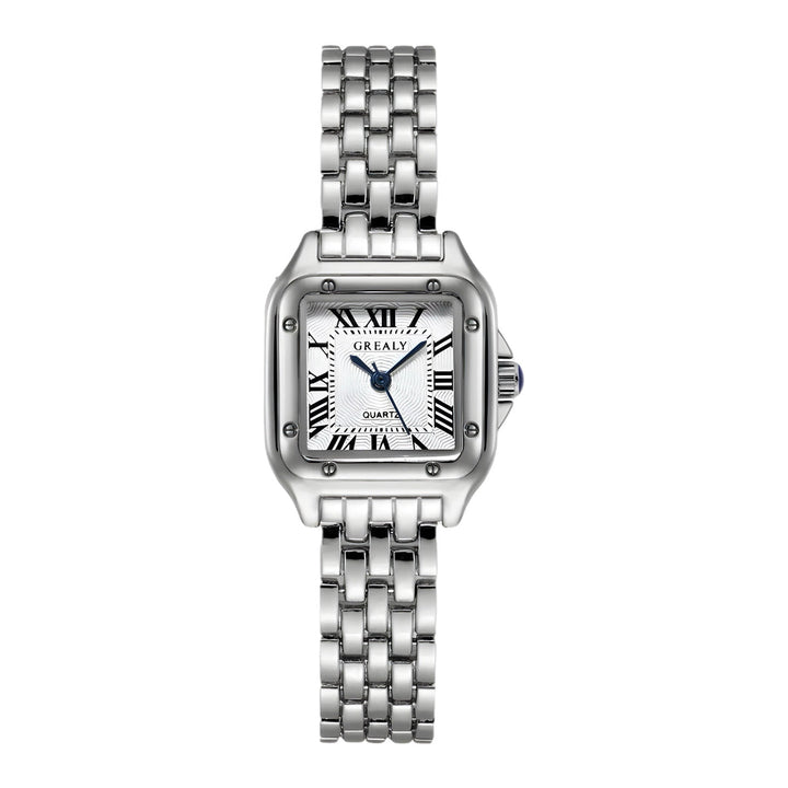 Silberne Damenarmbanduhr mit römischen Ziffern, rechteckigem Zifferblatt und Gliederarmband. Elegante Quarzuhr, stilvolles Accessoire.