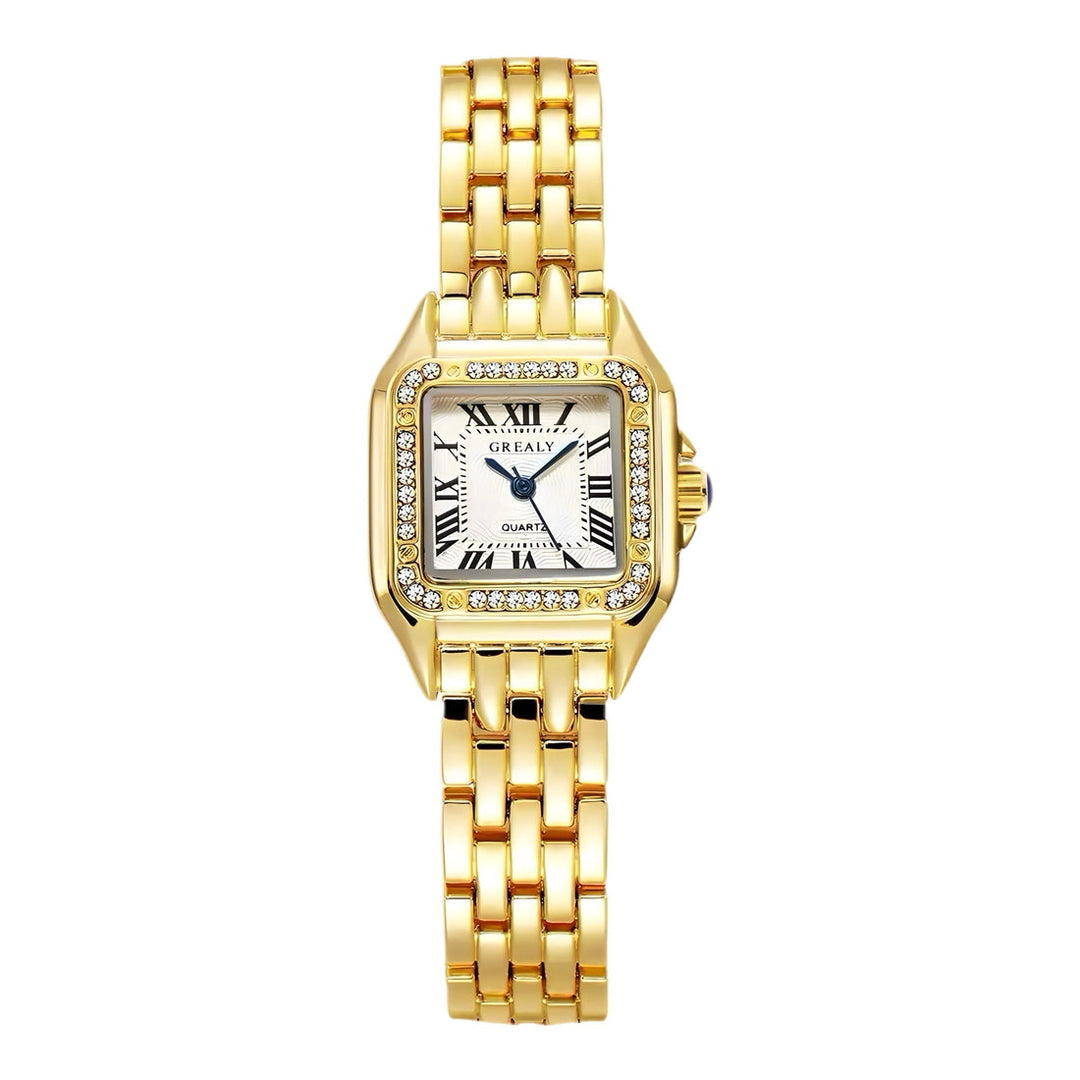 Goldene Damenarmbanduhr mit rechteckigem Zifferblatt, römischen Ziffern und Strasssteinen. Luxuriöse Quarzuhr, elegantes Design.