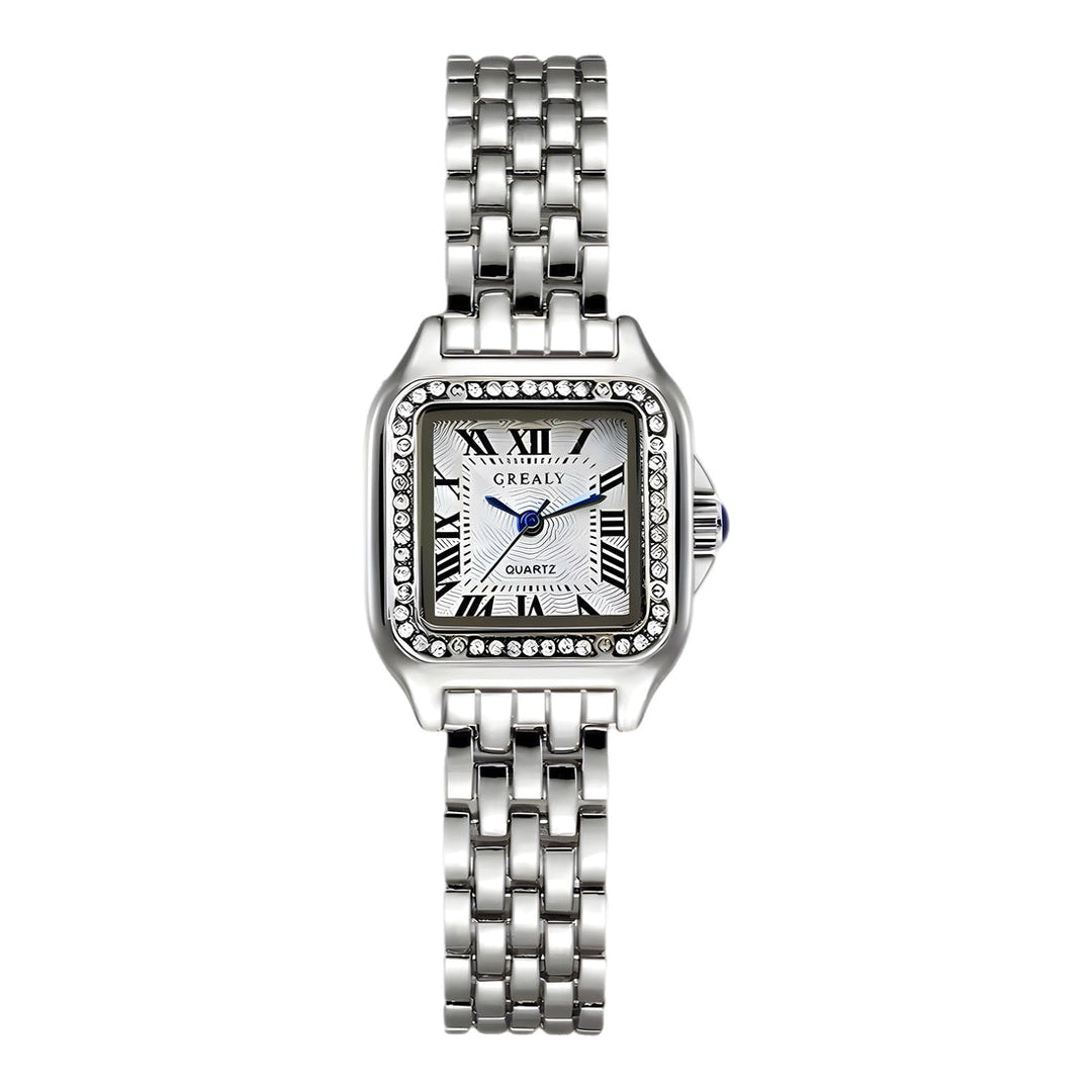 Silberne Damenarmbanduhr mit quadratischem Zifferblatt, römischen Ziffern und Strasssteinen. Elegantes Design, modisches Accessoire.