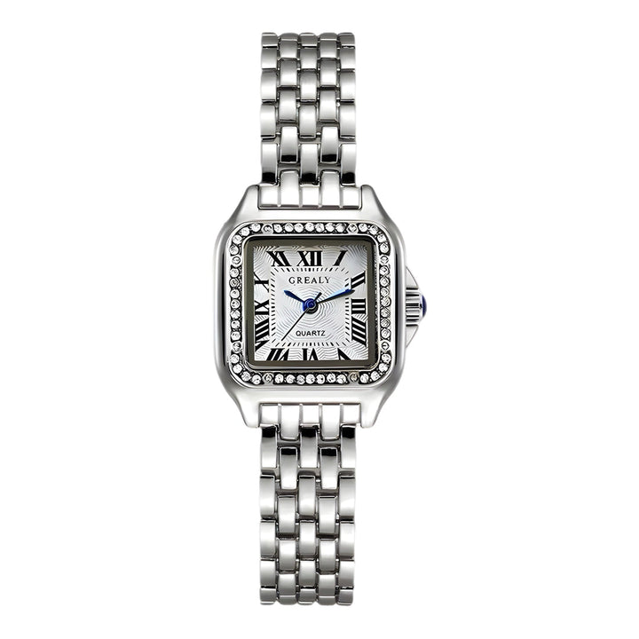 Silberne Damenarmbanduhr mit quadratischem Zifferblatt, römischen Ziffern und Strasssteinen. Elegantes Design, modisches Accessoire.