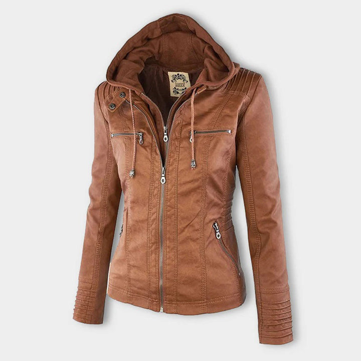 Lederjacke für Damen - Wetterfester Kunstleder Jacke mit Kapuze