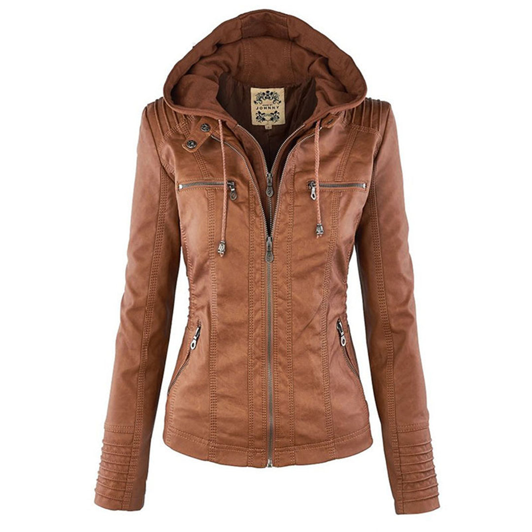 Kunstlederjacke für den Herbst - Wetterfeste Übergansjacke mit Kapuze für Damen