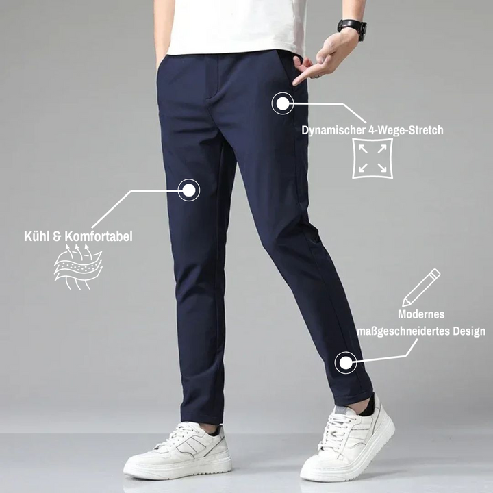 Herrenhose in Dunkelblau, dynamischer 4-Wege-Stretch, kühl und komfortabel, modernes maßgeschneidertes Design, ideal für Freizeit und Sport.