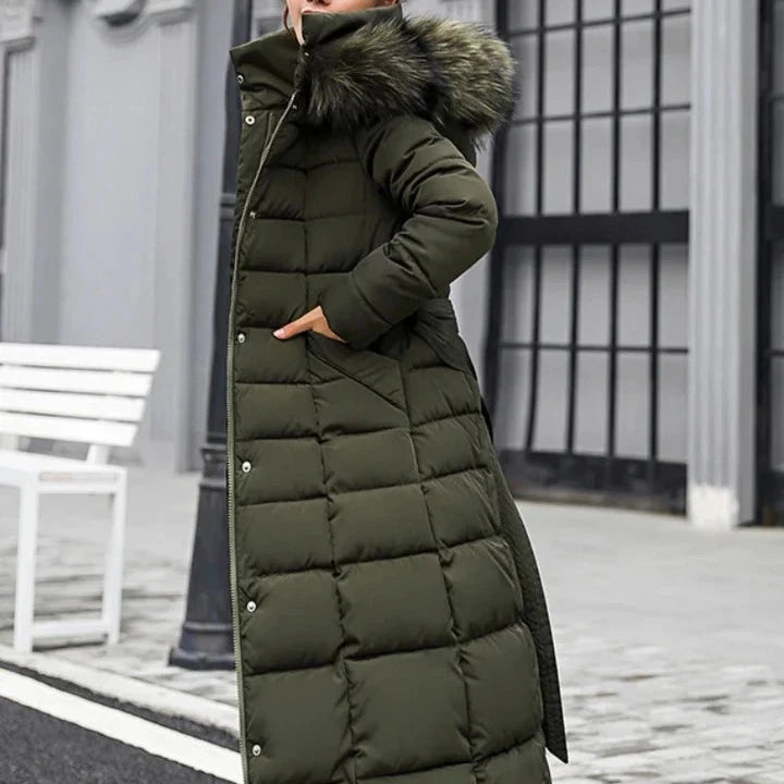 Lange warme winterjas met riem en bontkraag voor vrouwen