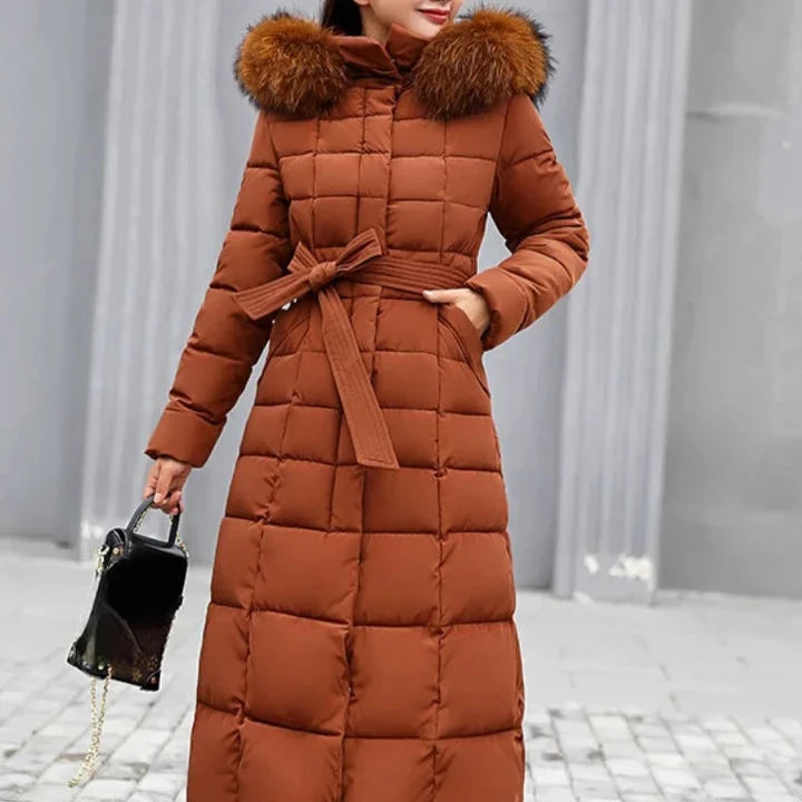 Lange warme winterjas met riem en bontkraag voor vrouwen